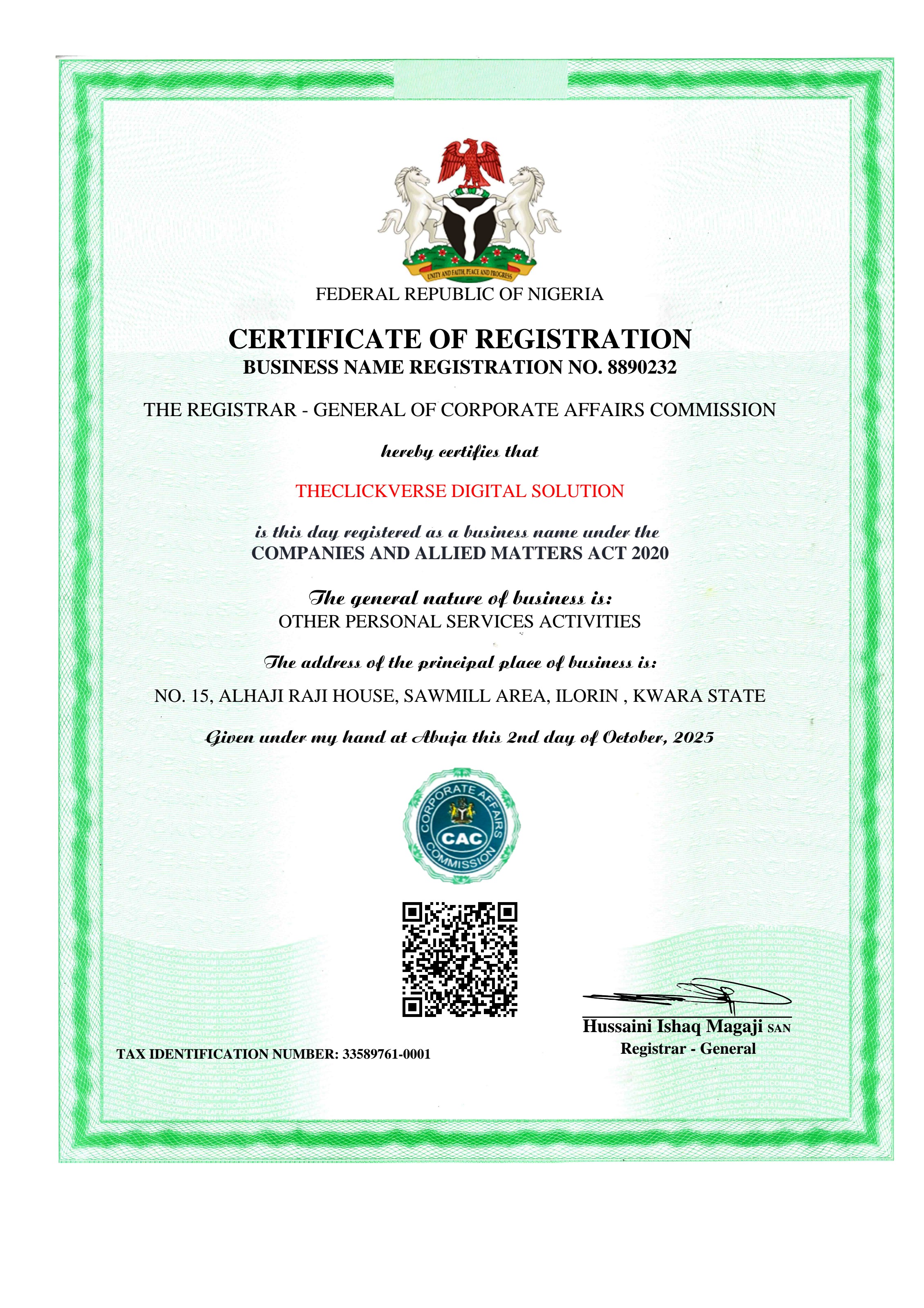 TheClickVerse CAC Certificate of Registration