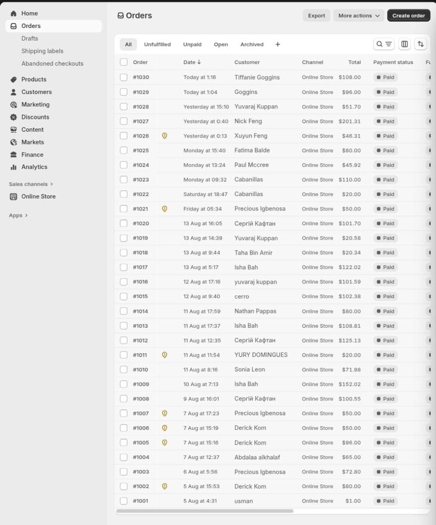 30 days of back-to-back paid Shopify orders